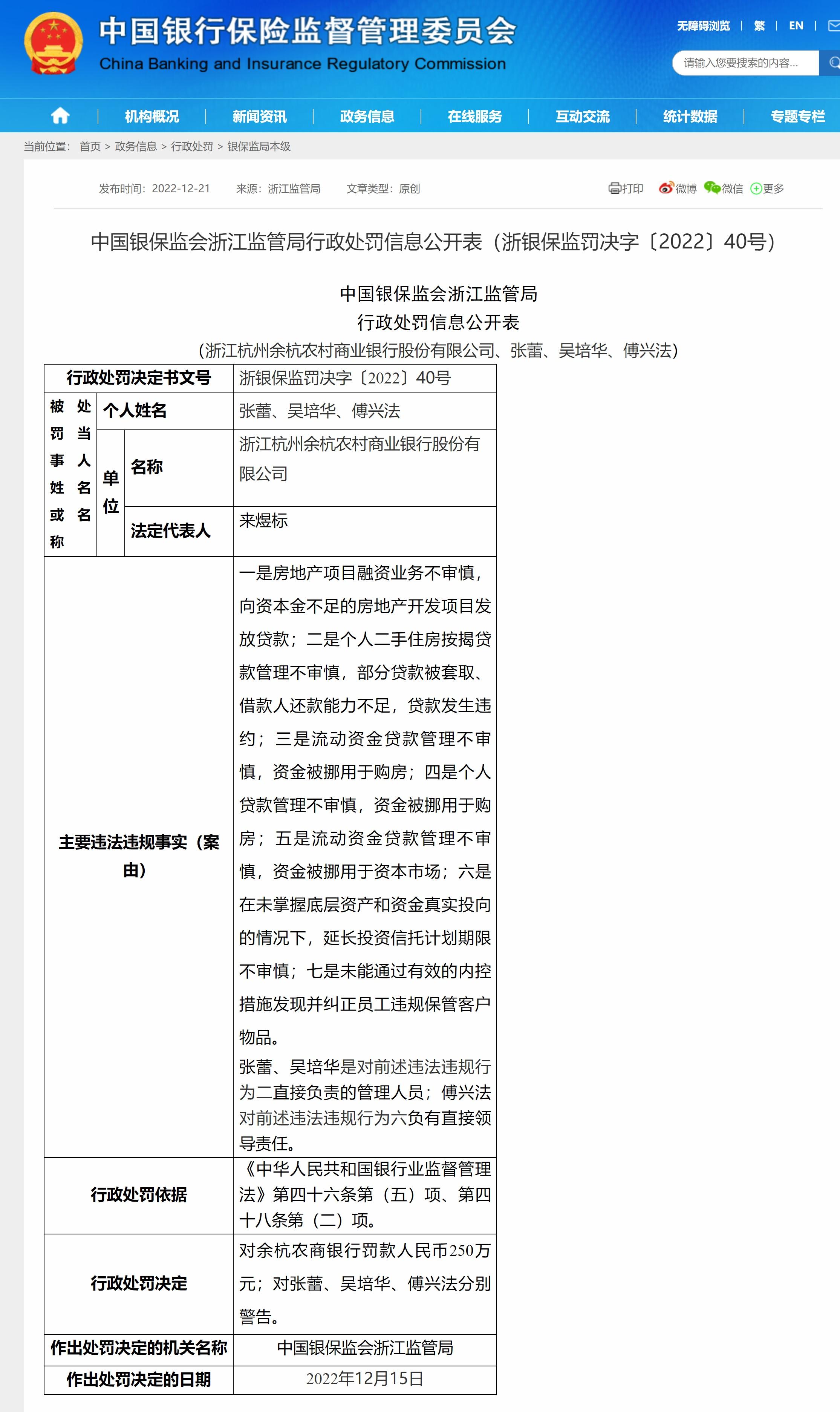 江西余干农商银行因贷款管理失职被罚40万 时任理事长、主任均被罚