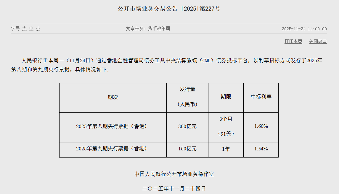 央行今天将在香港发行两期300亿元央票